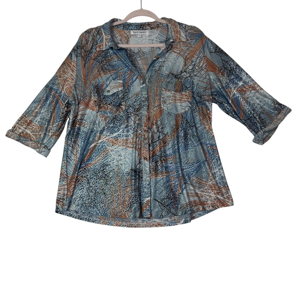 Emily Daniels Women’s Button-Up Blouse‎ XL Metallic Print Tunic Top